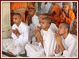 Sadhus, parshads and sadhaks engaged in Swamishri's darshan