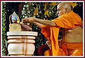 Evening ,Swamishri places flowers at the lotus feet of Shri Harikrishna Maharaj 