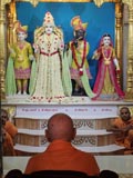  Swamishri engaged in darshan of Shri Mukund Brahmachari, Shri Harikrishna Maharaj, Shri Gopinath Dev and Shri Radhikaji	