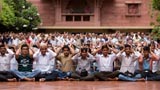 Devotees following Pujya Doctor Swami in the morning sabha 