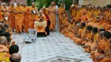 Sadhus sing kirtans and play musical instruments while doing darshan of Shri Harikrishna Maharaj and Swamishri