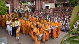 Sadhus pull the chariot around the mandir