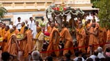 Sadhus and devotees with the rathyatra around the mandir 