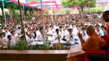  Swamishri bids Jai Swaminarayan while devotees sing kirtans accompanied by traditional musical instruments