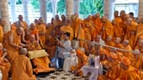 Swamishri with sadhus in the mandir
