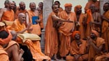  Swamishri with sadhus in the mandir pradakshina