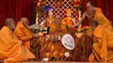  Sadhus honor Swamishri with a shawl of malas