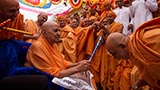  Swamishri in a festive mood with sadhus in the mandir pradakshina