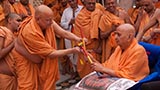  Swamishri in a festive mood with sadhus in the mandir pradakshina