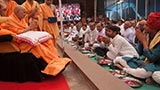 Swamishri blesses devotees who have gathered for darshan and participation in the murti pratishtha ceremony 