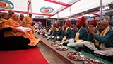 Swamishri blesses devotees who have gathered for darshan and participation in the murti pratishtha ceremony