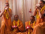  Sadhus blow the conch as an auspicious symbol to welcome the New Year