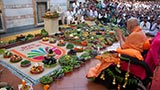  Swamishri viewing the fruits and vegetables arranged in the mandir compound