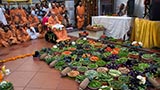  Swamishri viewing the fruits and vegetables arranged in the mandir compound