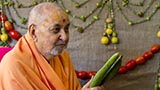  Swamishri holding various fruits and vegetables offered to Thakorji