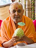  Swamishri holding various fruits and vegetables offered to Thakorji