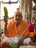  Swamishri holding various fruits and vegetables offered to Thakorji