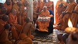  Swamishri with sadhus beneath the mandir dome