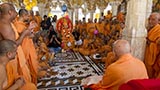  Swamishri with sadhus beneath the mandir dome