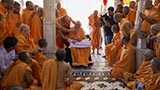 Swamishri with sadhus beneath the mandir dome