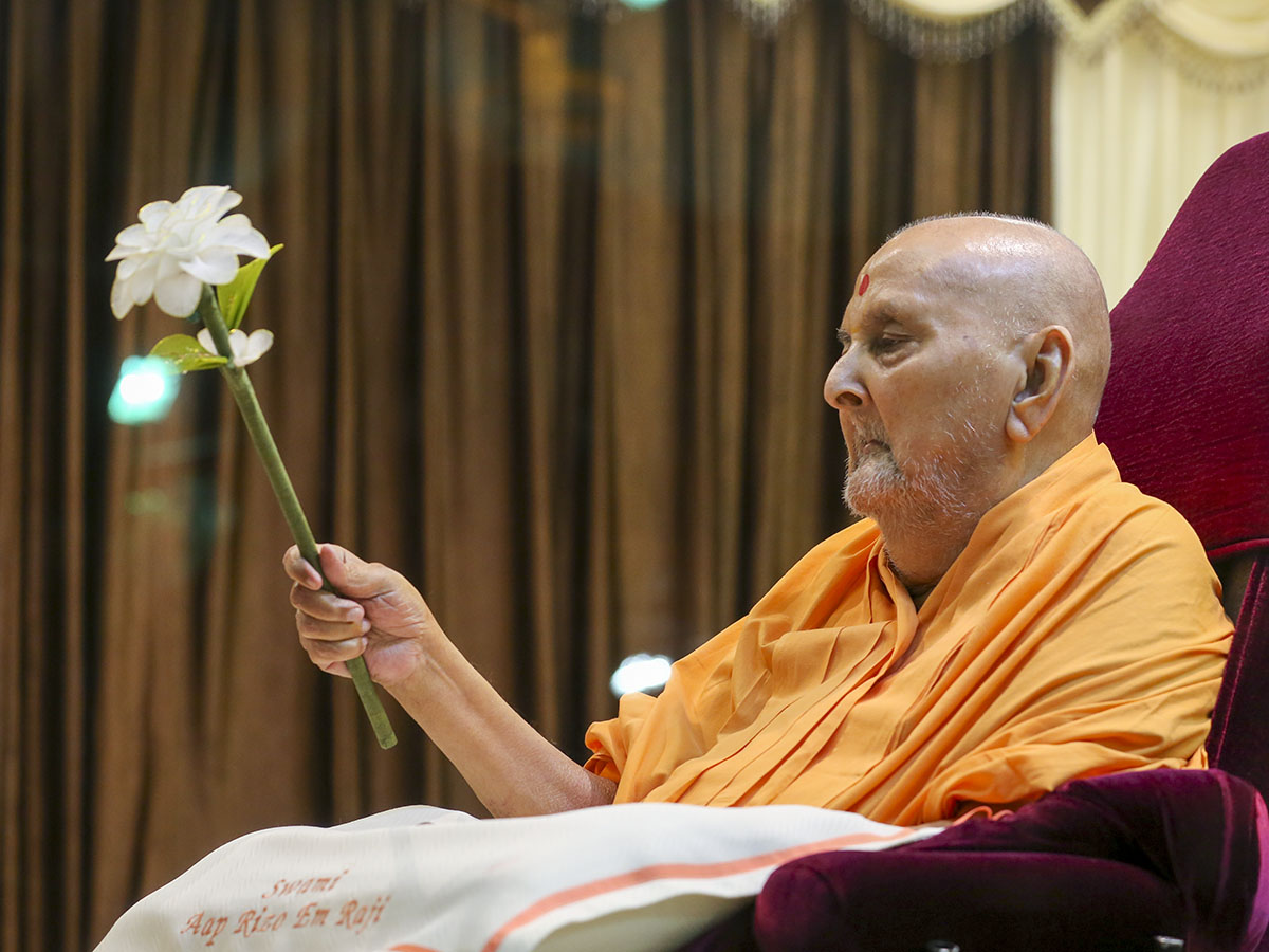 Swamishri with a flower chhadi