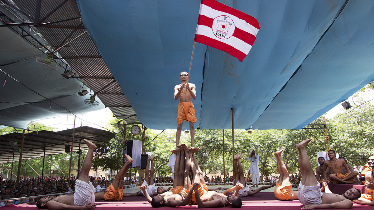Sadhus and parshads perform yogasanas (yogic exercises) before Swamishri, on the occasion of International Yoga Day
