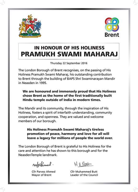 Certificate in honour of HH Pramukh Swami Maharaj from Brent Council