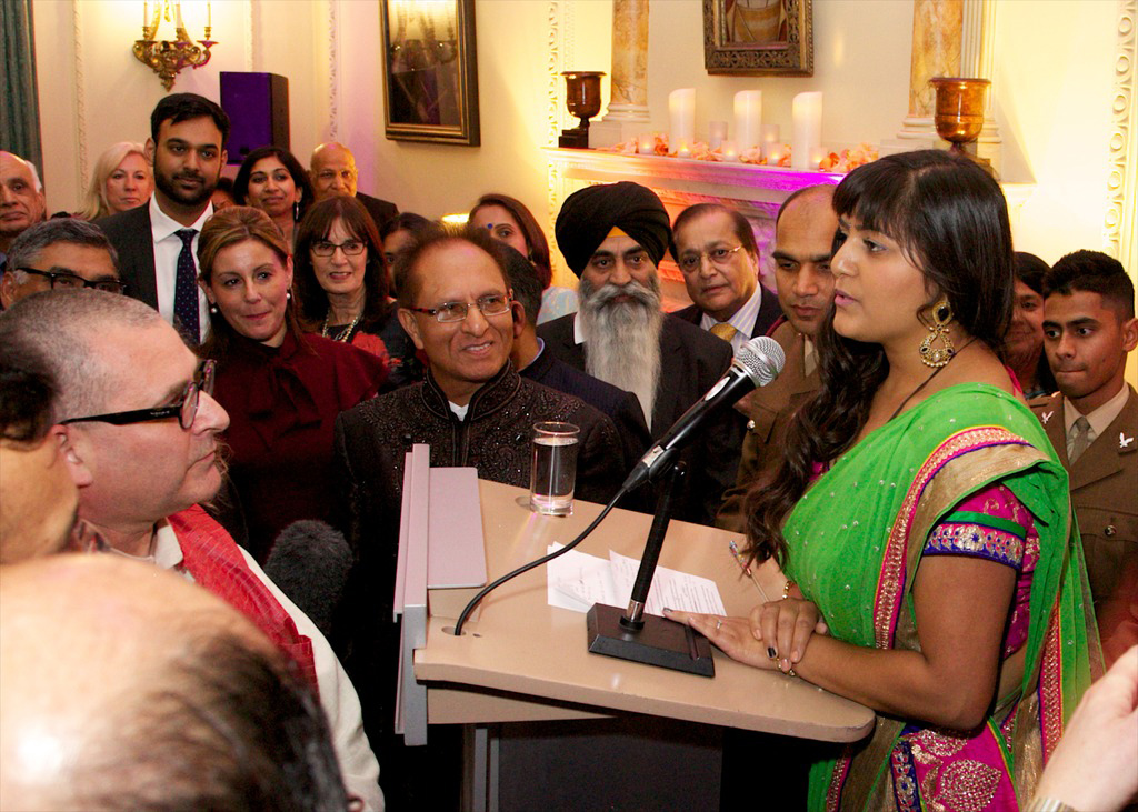 Reema Patel, BAPS volunteer, delivers welcome address at Diwali Reception in 10 Downing Street