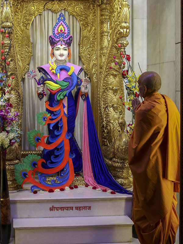Param Pujya Mahant Swami engrossed in darshan of Thakorji, 20 Nov 2016