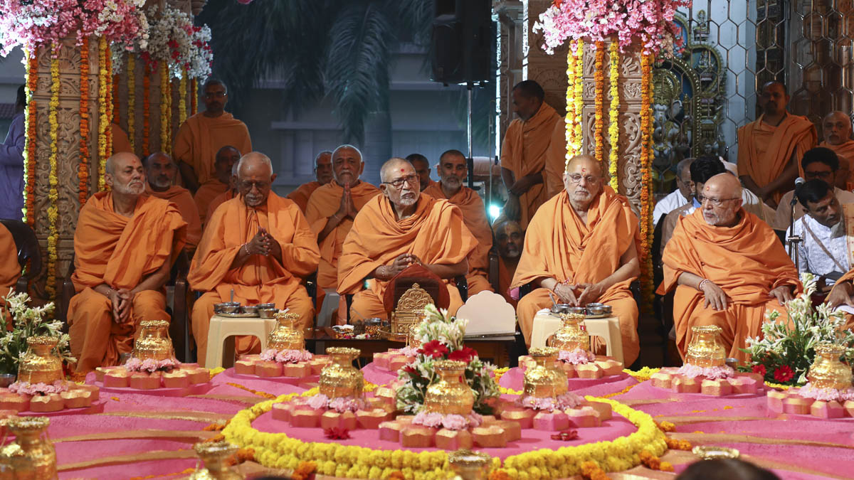Pujya Viveksagar Swami, Pujya Swayamprakash Swami (Pujya Doctor Swami), Pujya Bhaktipriya Swami (Pujya Kothari Swami), Pujya Ishwarcharan Swami and Ghanshyamcharan Swami perform patotsav mahapuja