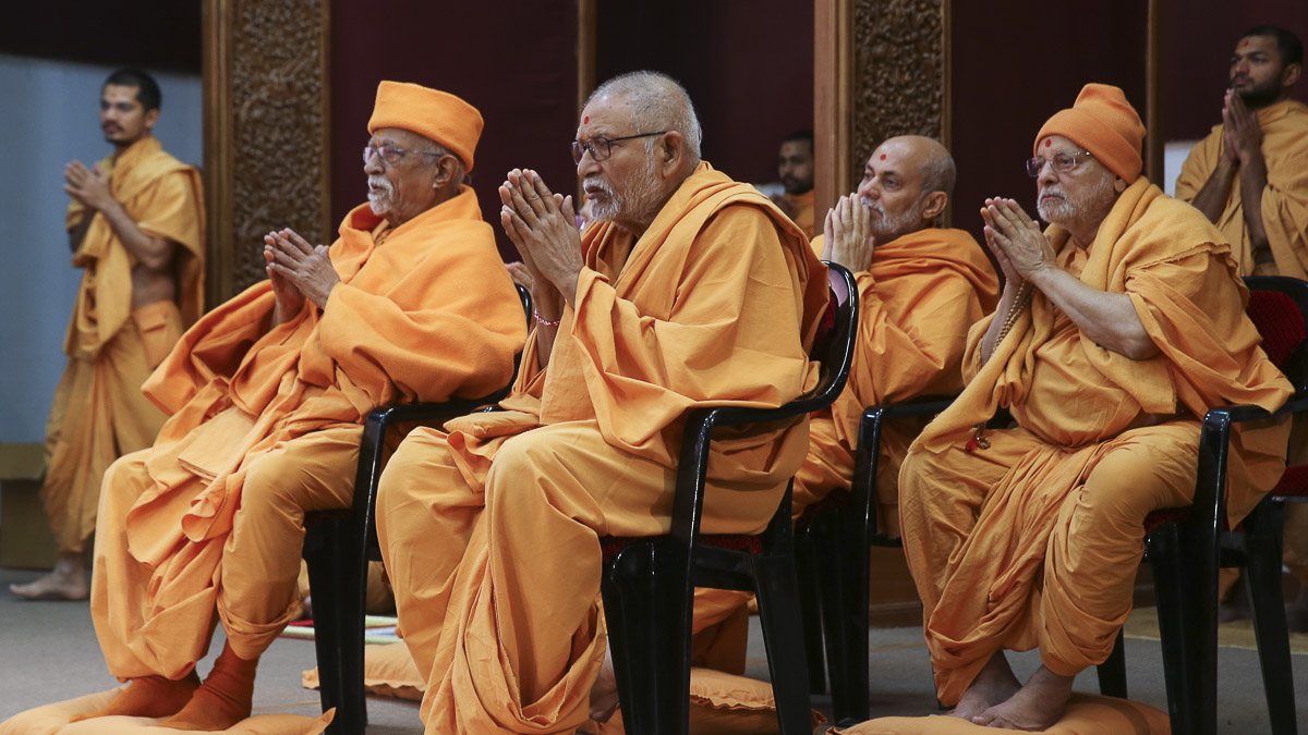 Senior sadhus doing darshan of Param Pujya Mahant Swami Maharaj, 6 Feb 2017