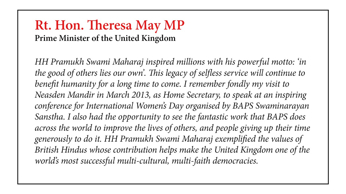 Prime Minister Theresa May's tribute to HH Pramukh Swami Maharaj upon his passing in August 2016