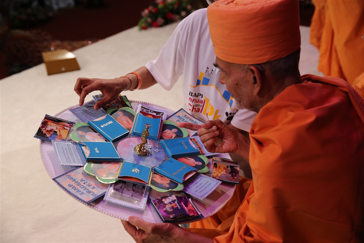Swamishri takes eager interest in a special card