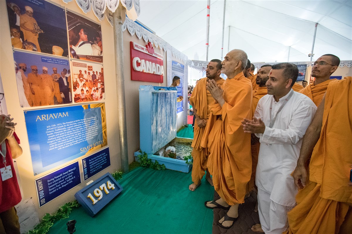 Swamishri visits an exhibition portraying the history of the BAPS Shri Swaminarayan Mandir, Toronto, ON, Canada