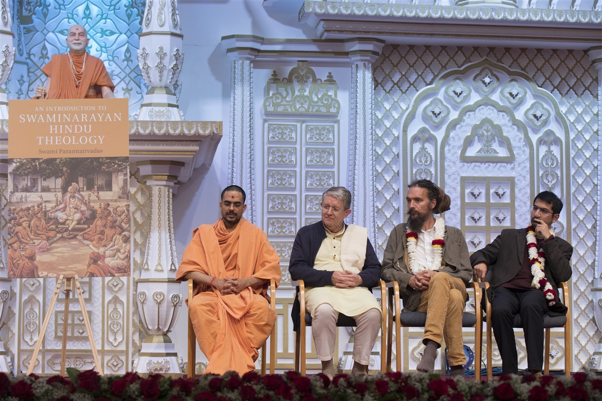 (L to R) The author, Paramtattvadas Swami; Shaunaka Rishi Das, Director of the Oxford Centre for Hindu Studies; Dr James Mallinson, Senior Lecturer of Sanskrit and Classical Indian Studies at SOAS, University of London; Dr Ankur Barua, Lecturer in Hindu Studies at Cambridge University