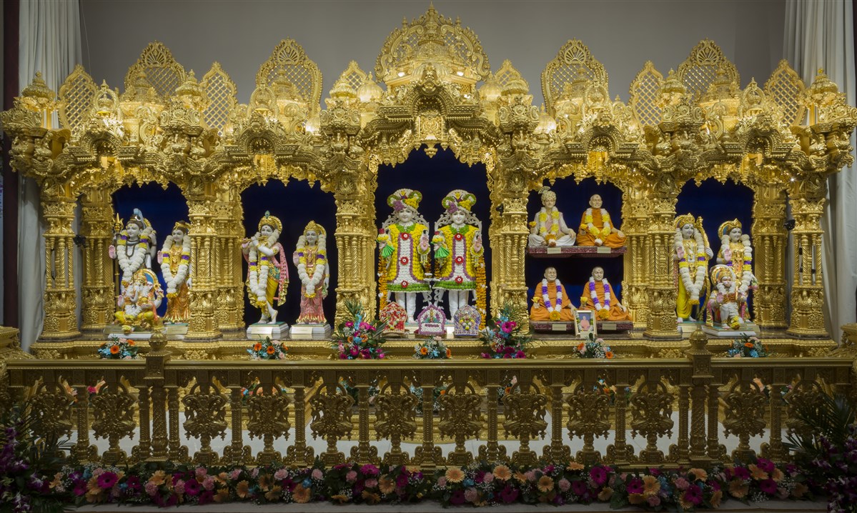 The sinhasan at BAPS Shri Swaminarayan Mandir, Leicester