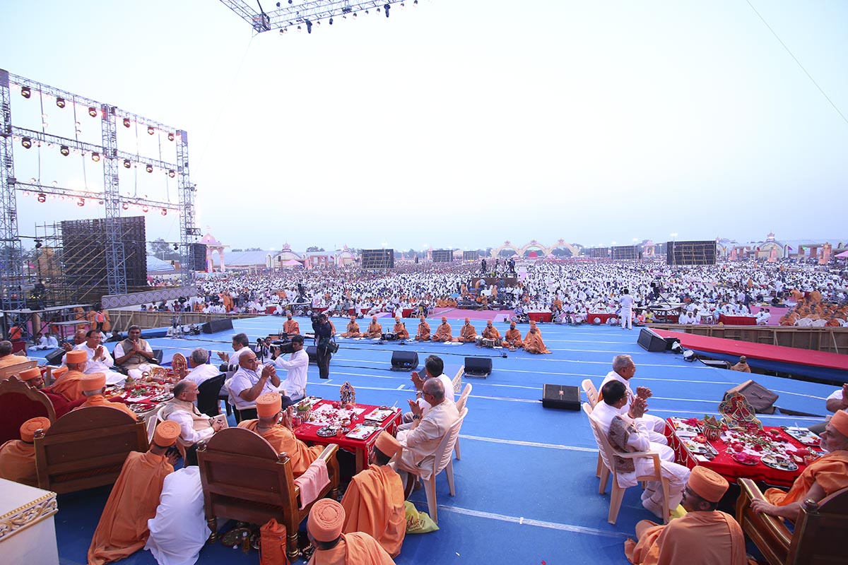 Senior sadhus and devotees participate in the mahapuja rituals