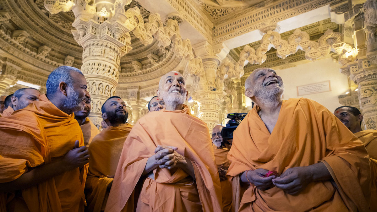 Swamishri observes Smruti Mandir dome 