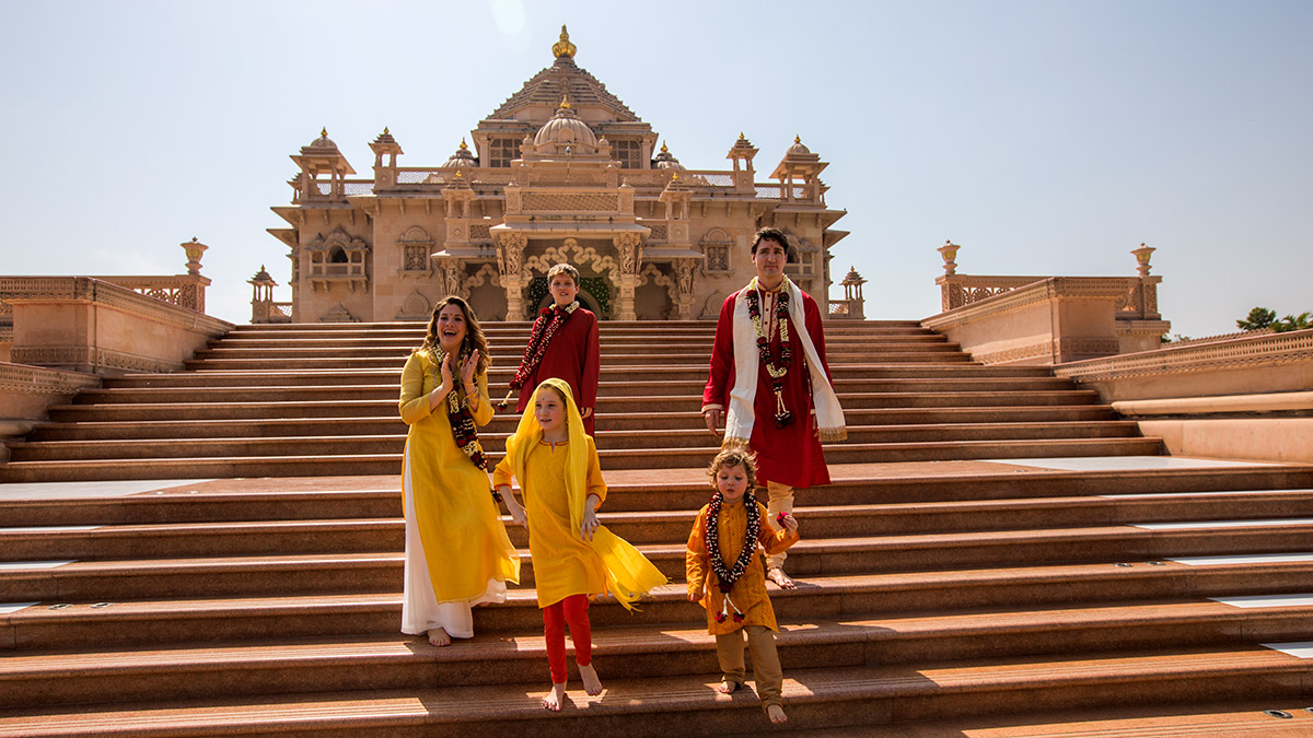 PM Justin Trudeau and his family descend the mandir steps