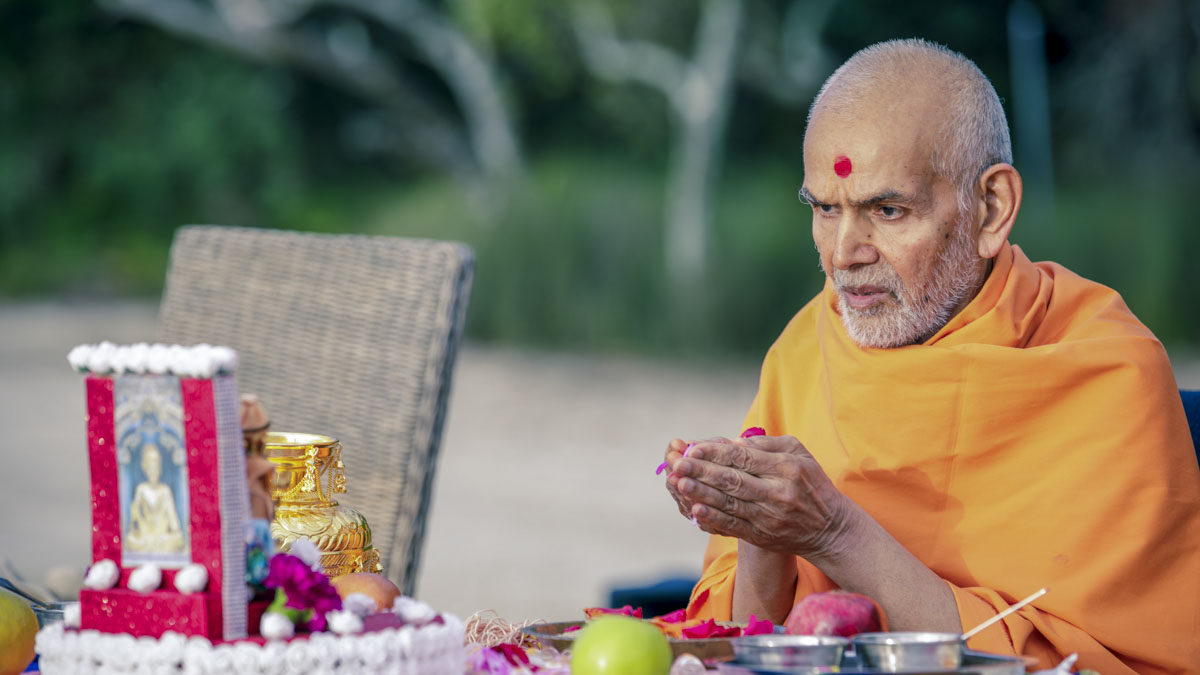 Swamishri performs pushpa arti