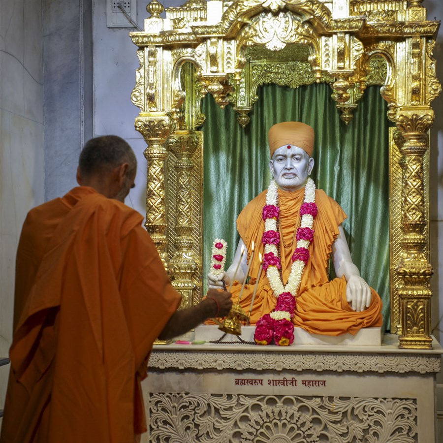Anandswarup Swami performs the morning arti