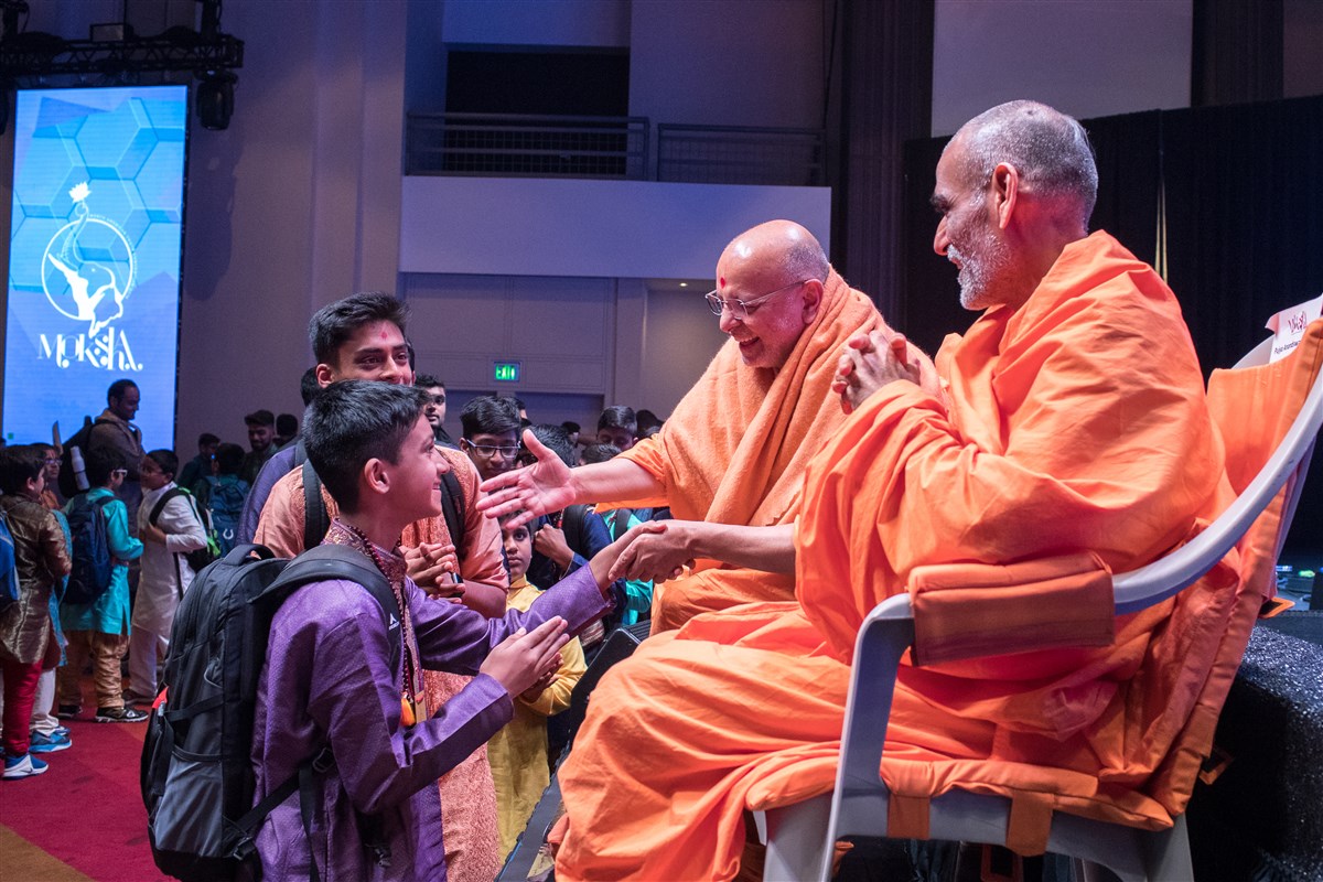 Pujya Anandswarupdas Swami and Pujya Ishwarcharandas Swami meet delegates one by one 