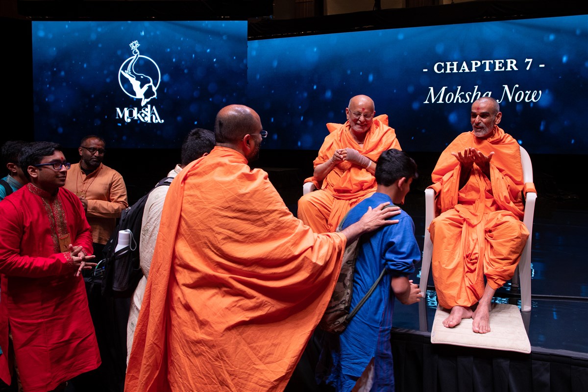 Pujya Anandswarupdas Swami and Pujya Ishwarcharandas Swami meet delegates one by one