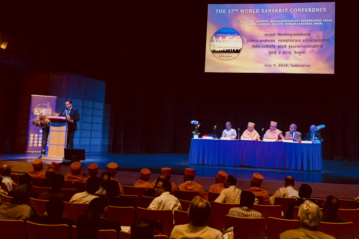 Prof. Deven Patel (Chair of Department of South Asian Studies, University of Pennsylvania) introduces the Inaugural Address on Akshar Purushottam Darshan during the 17th World Sanskrit Conference in Vancouver, Canada.