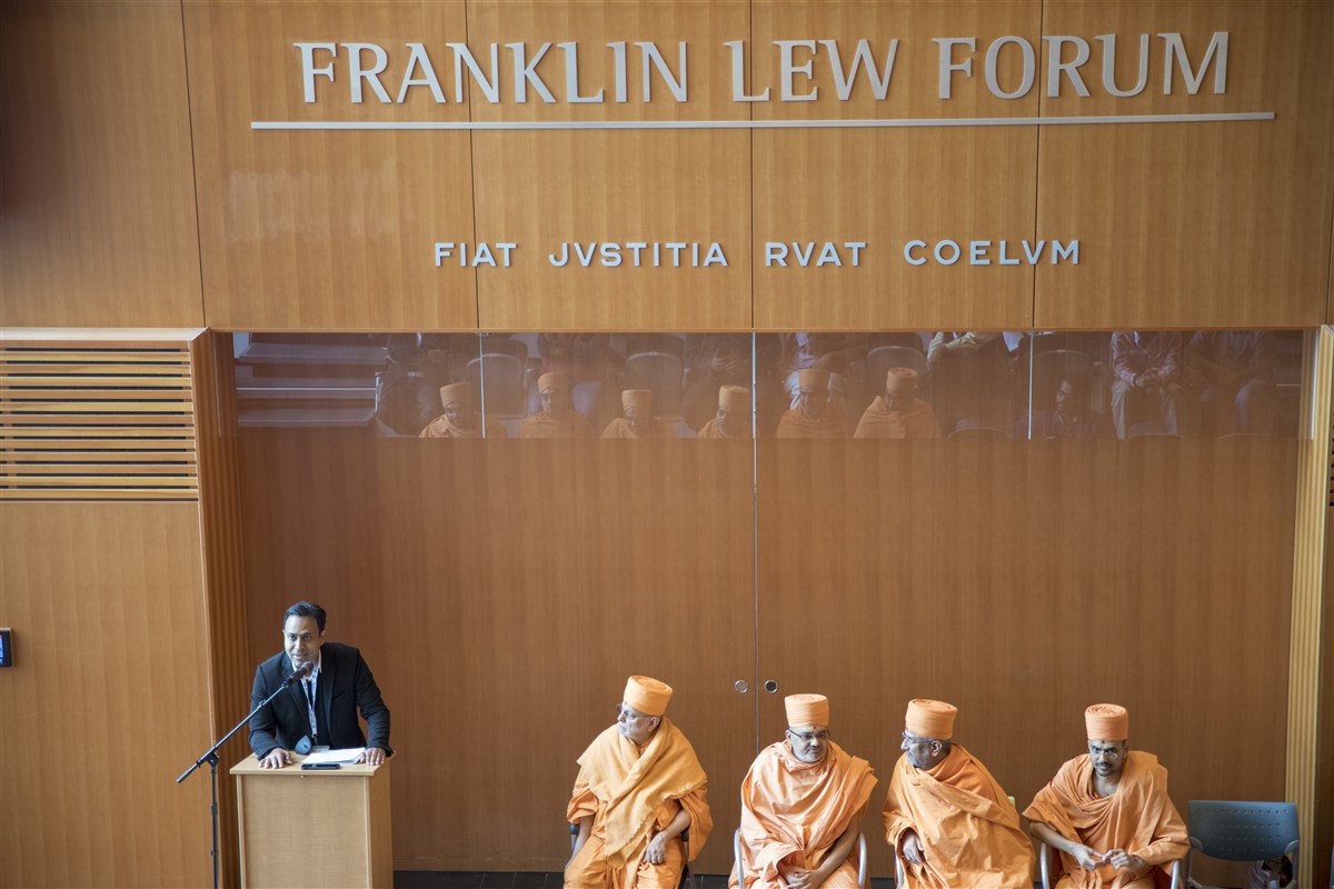 Prof. Deven Patel of the University of Pennsylvania introduces the Akshar Purushottam Darshanam special session during day two of the World Sanskrit conference.