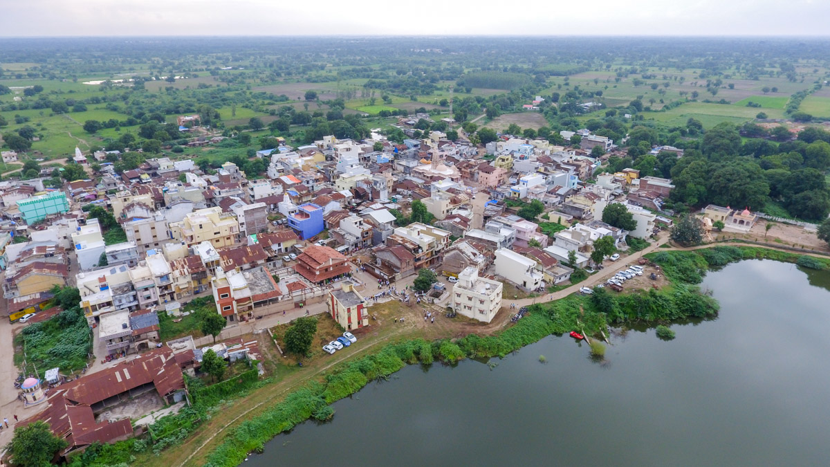 An aerial view of Chansad village, the birthplace of Brahmaswarup Pramukh Swami Maharaj