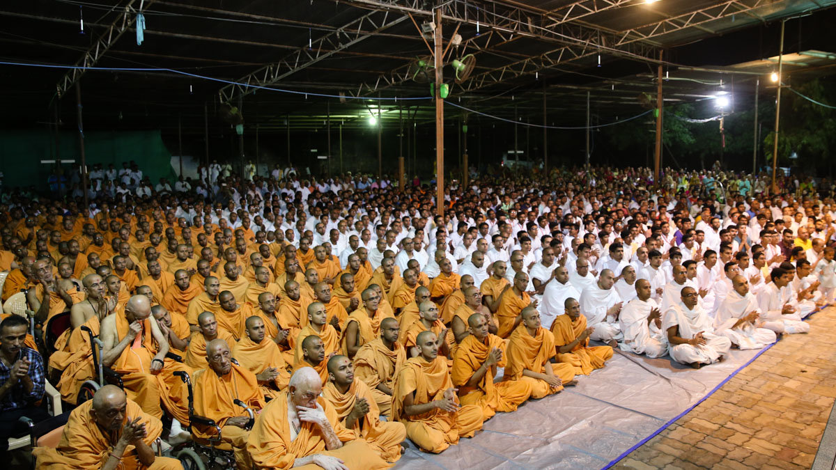 Sadhus, parshads and devotees doing darshan of the arti