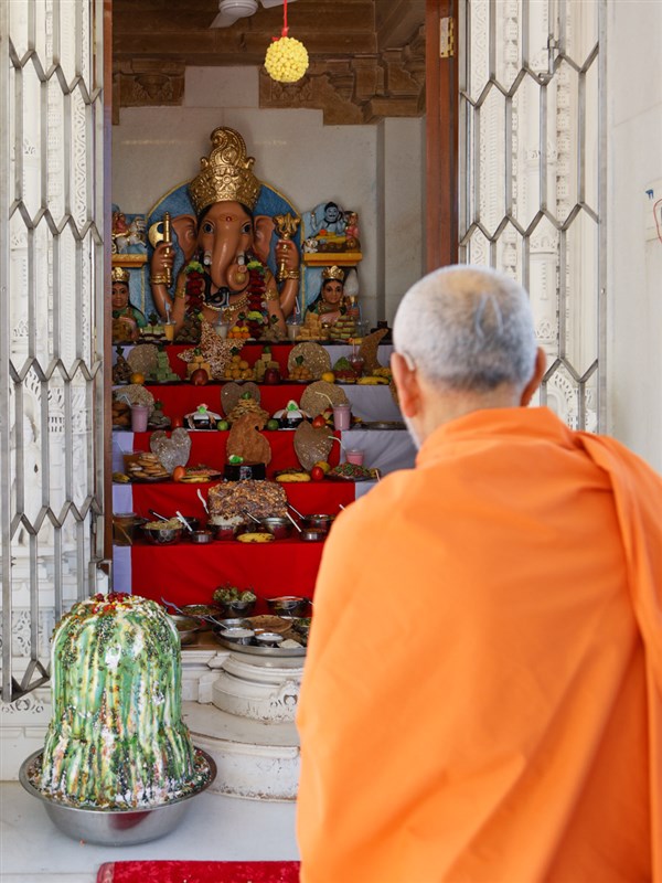 Swamishri doing darshan of annakut offered to Shri Ganeshji