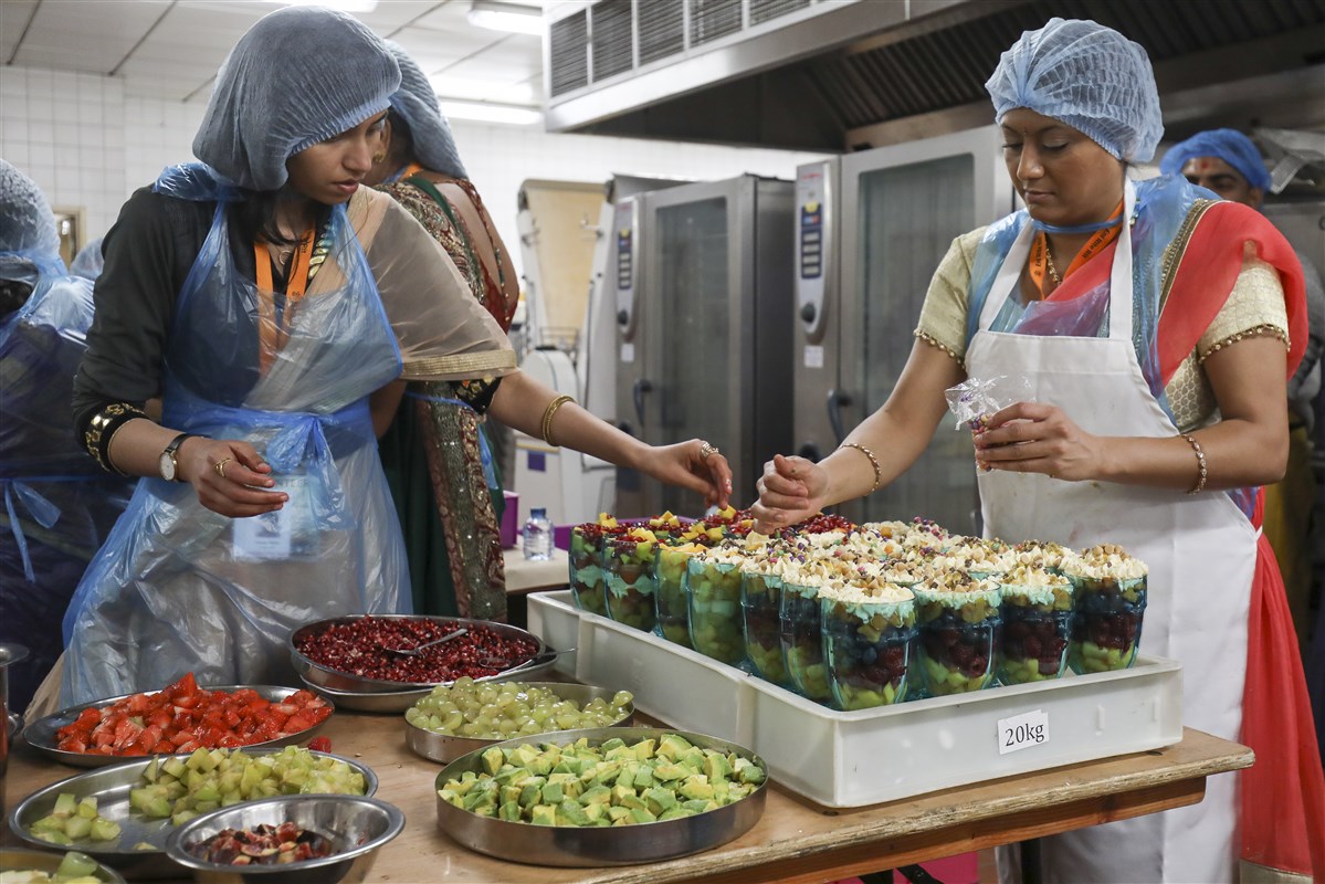 Volunteers prepare various desserts