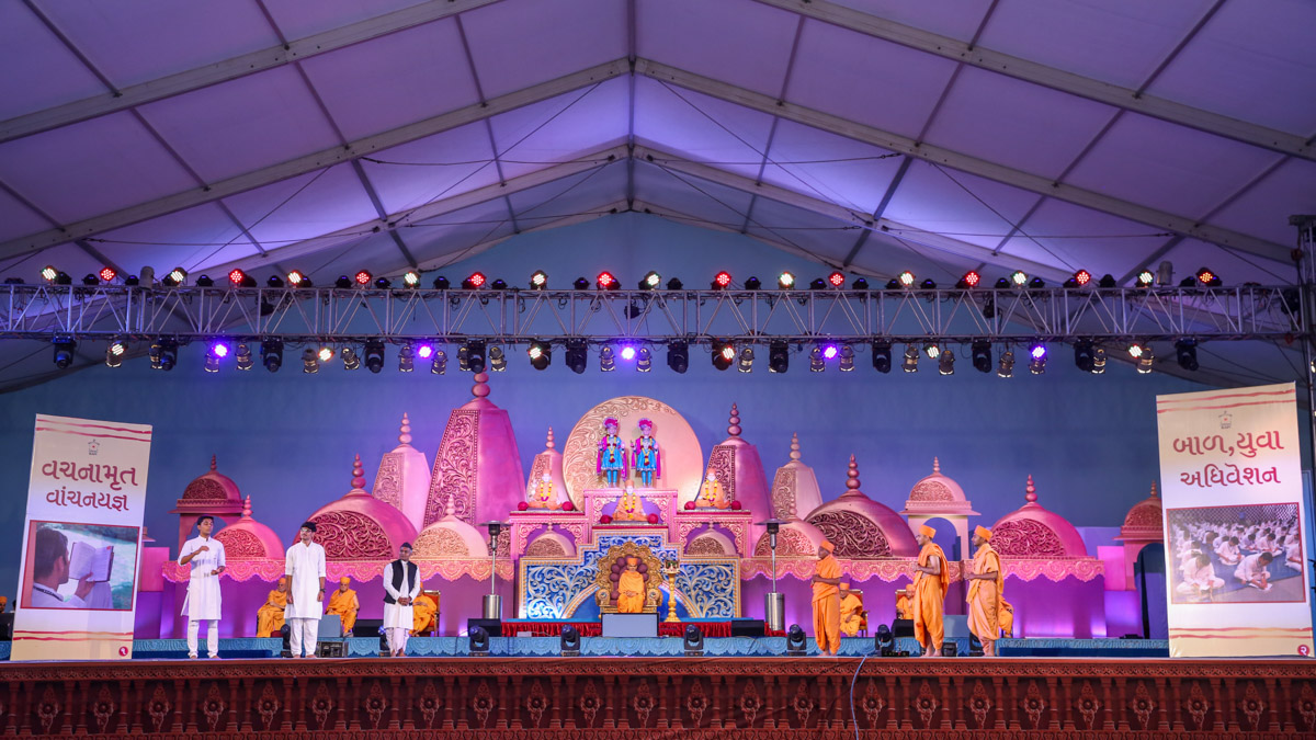 Youths perform a skit in the evening assembly to mark the beginning of the Vachanamrut Bicentenary Celebrations